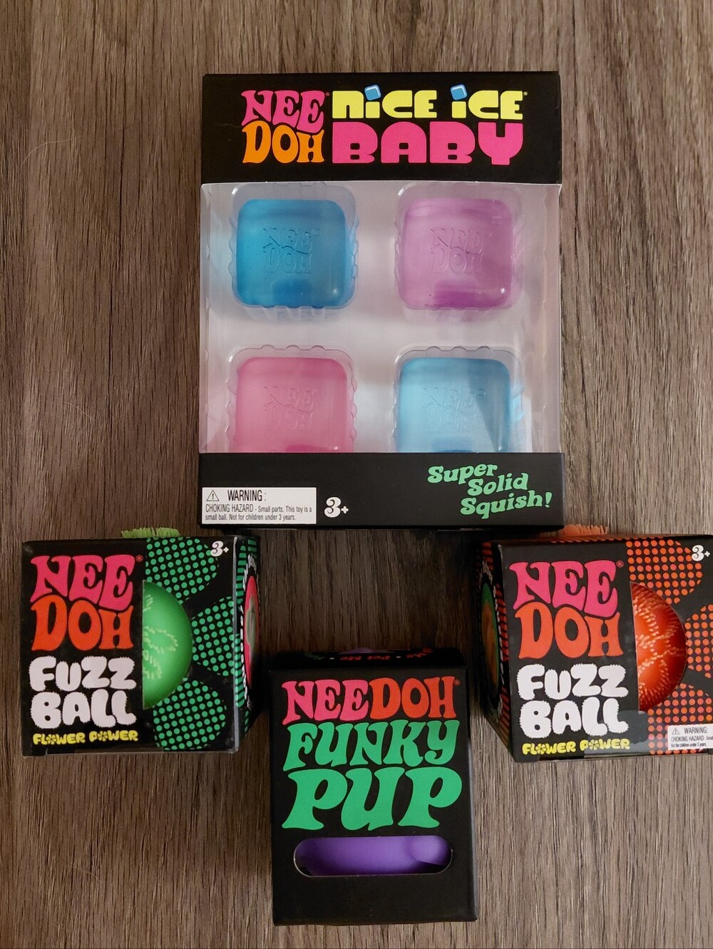 Needoh Squishy Lot Nice Ice Baby, Purple Funky Pup, 2 Fuzz Balls Fidget Stress